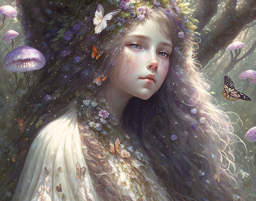 Fantasy illustration: Young girl with flowers and butterflies in magical forest.