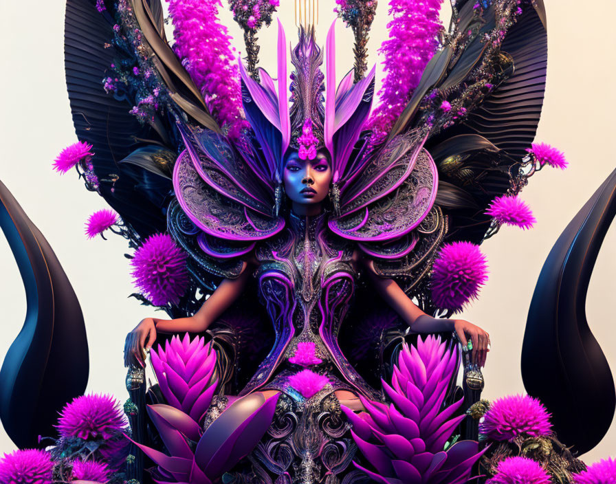 Violet-skinned fantastical figure in intricate purple and black ensemble