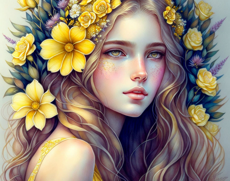 Portrait of young woman with wavy hair and floral crown: ethereal beauty