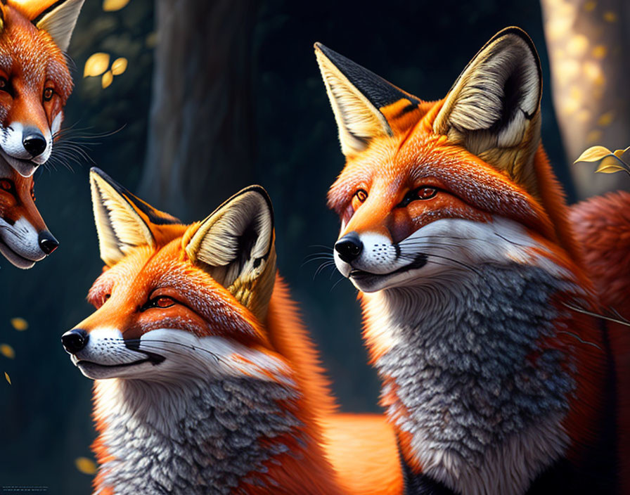 Vividly colored foxes with detailed fur in sunlight-dappled forest