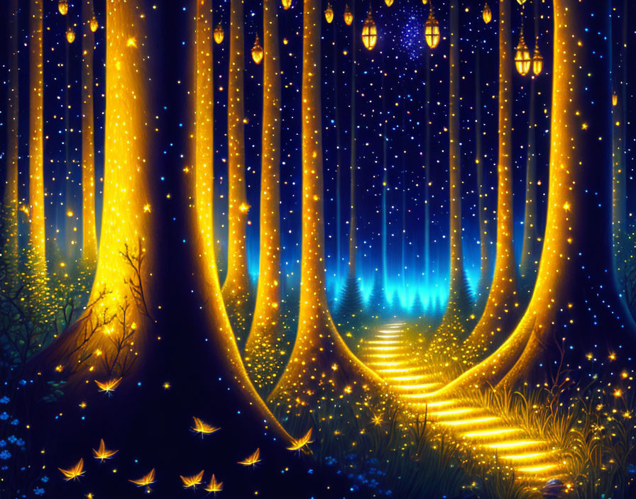 Enchanted forest at night with golden lights and glowing path