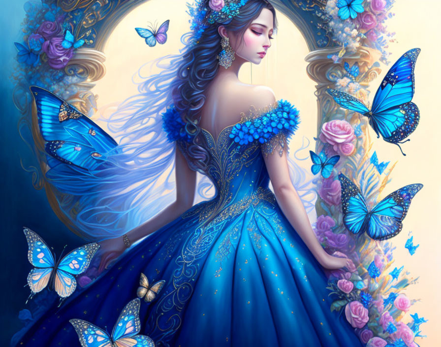 Illustrated woman in blue butterfly gown with floral background