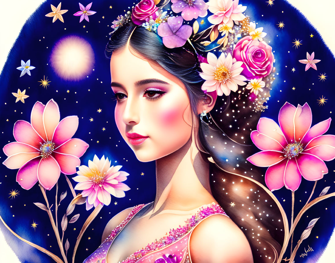 Colorful cosmic and floral portrait of a woman with stars and flowers in her hair