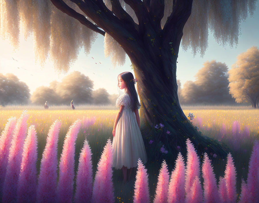 Girl in White Dress Standing Under Large Tree in Dreamy Meadow with Purple Flowers