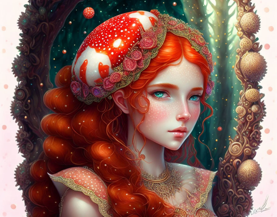 Red-Haired Female in Mushroom Cap Headpiece in Whimsical Forest Setting