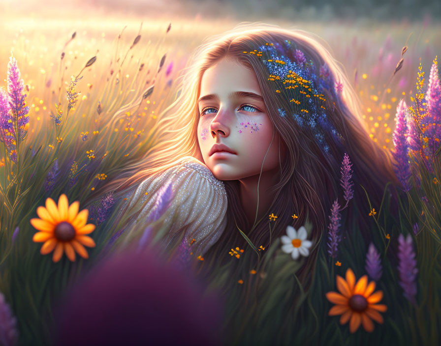 Young girl with flowers in hair in peaceful meadow at sunset