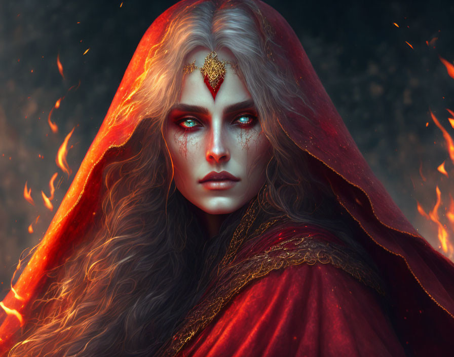 Mystical figure with piercing eyes in red cloak surrounded by flames