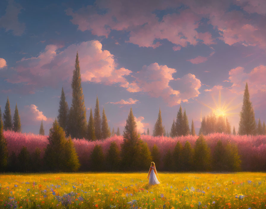 Person in white gown in colorful meadow with flowers and pink blooms under vivid sky.