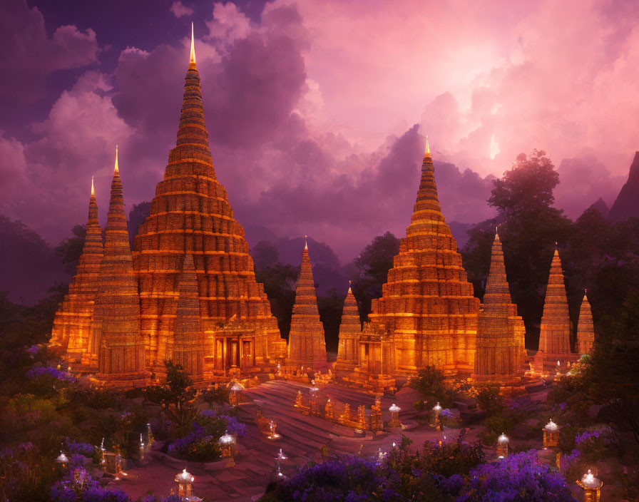 Ancient temples with spires in purple twilight ambiance.