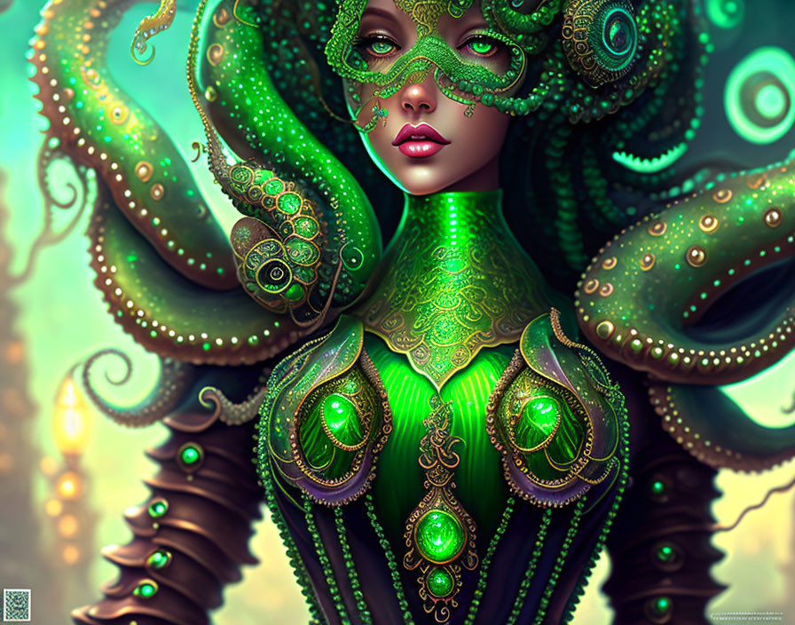 Illustrated woman in octopus-themed attire with gems and intricate patterns.