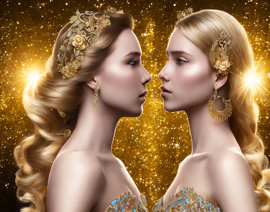 Elaborate Hairstyles & Golden Accessories on Two Women