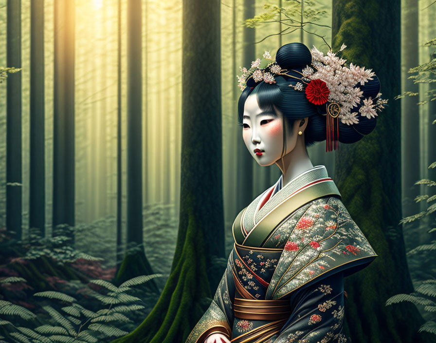 Detailed illustration of geisha with kanzashi hairpiece in kimono, bamboo forest backdrop