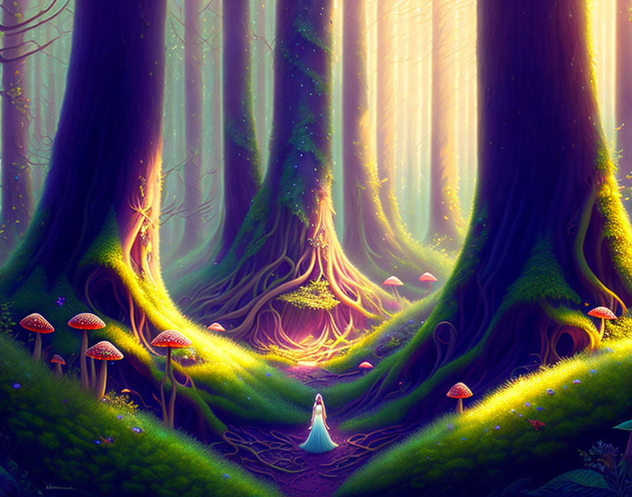 Enchanting forest scene with glowing mushrooms and ethereal light beams