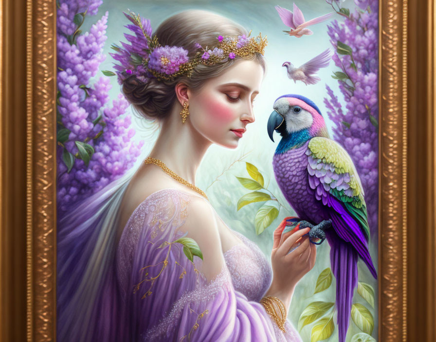 Portrait of woman with floral headpiece and parrot in lilac bloom setting