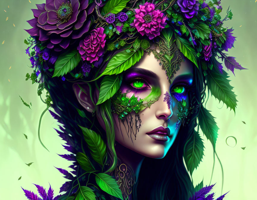 Digital art portrait of woman with green eyes, elfin ears, floral headpiece, and mystical makeup