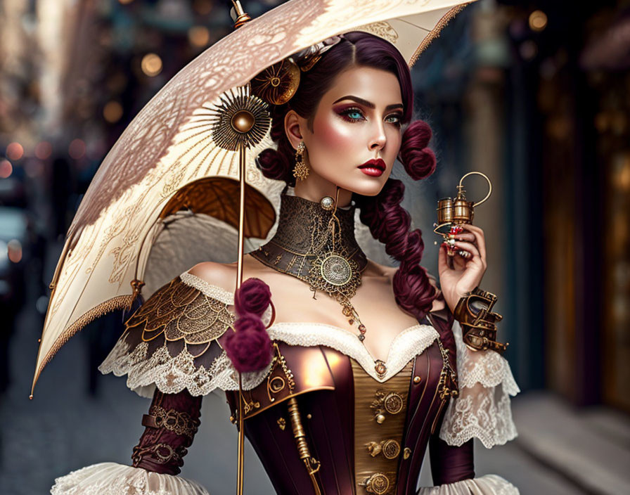 Victorian-inspired steampunk outfit with lacy parasol in vintage urban setting