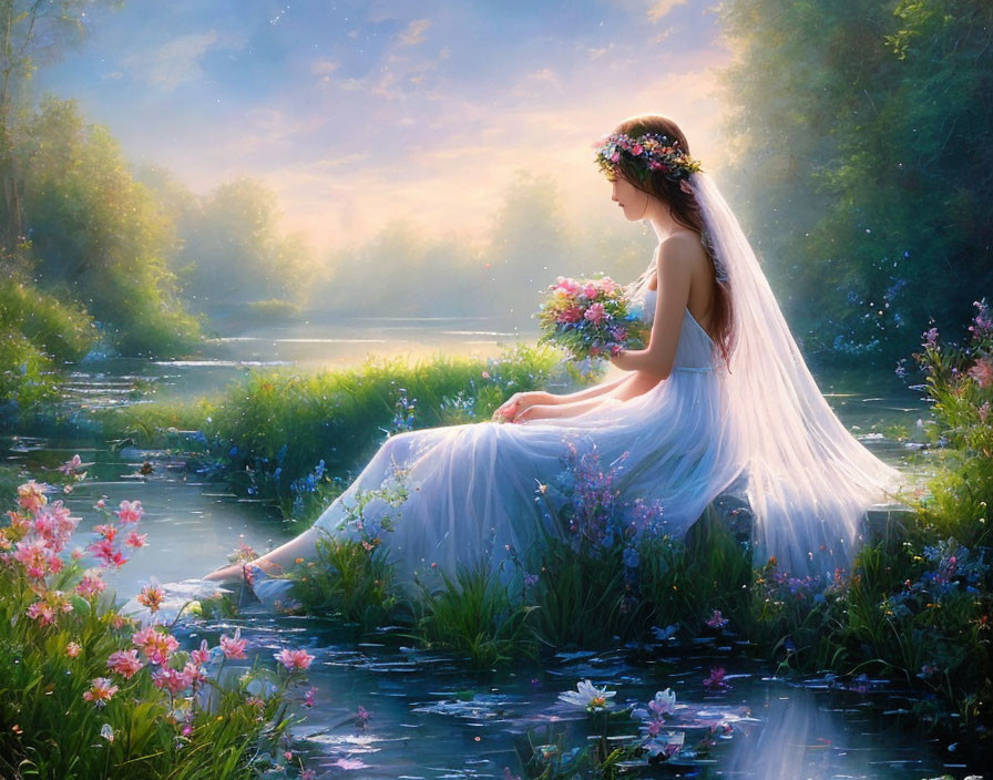 Woman in white gown by riverbank amidst lush greenery and soft sunlight.