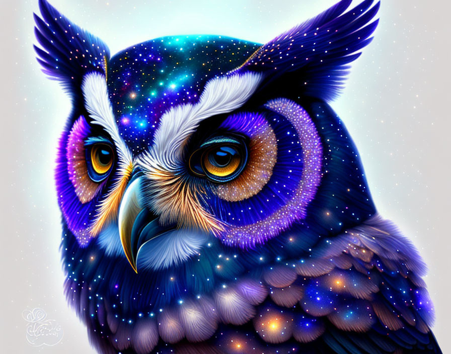 Colorful Cosmic Owl Artwork with Vibrant Feathers