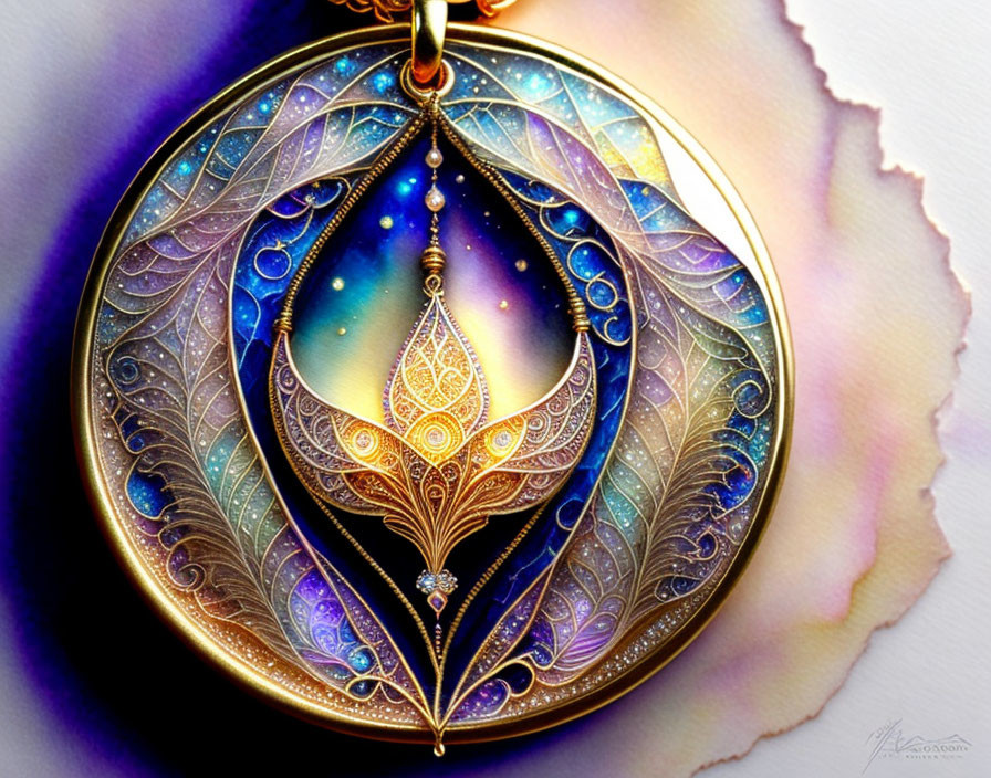 Intricate Gold and Blue Pendant with Water Drop Motif