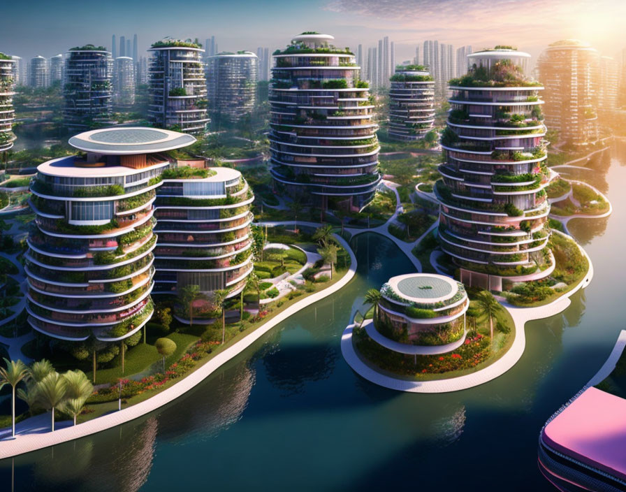 Futuristic cityscape with terraced skyscrapers and lush greenery at dawn or dusk