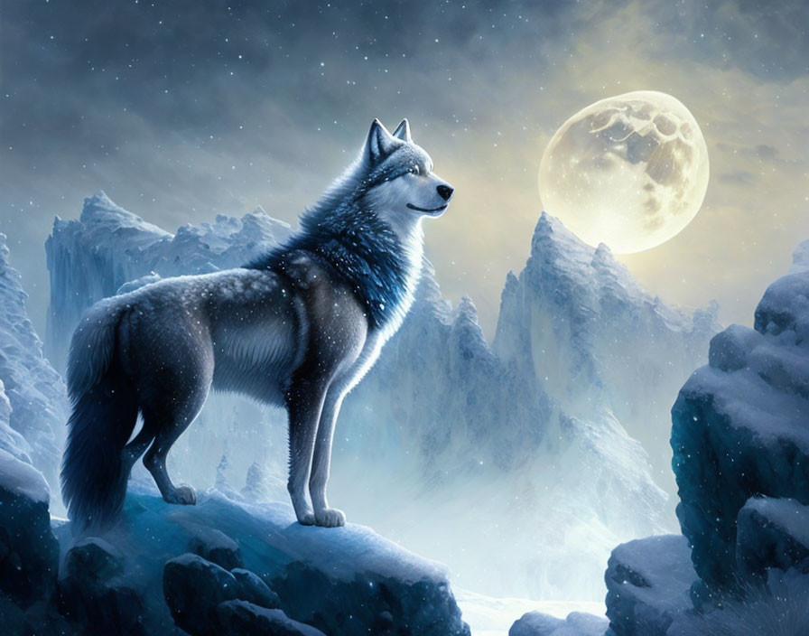 Majestic wolf in snowy cliff under full moon