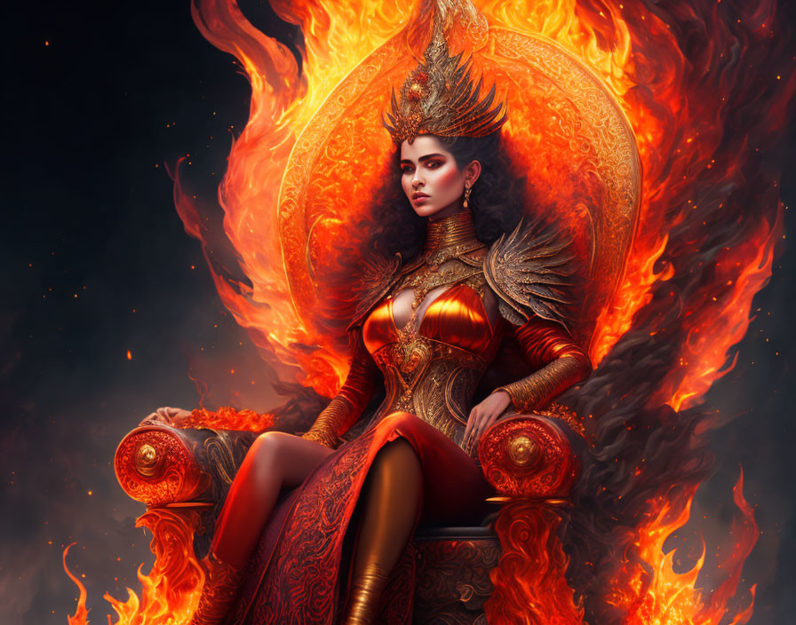 Regal figure in golden crown and armor on fiery throne embodying fiery queen amid swirling flames