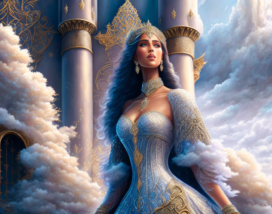 Majestic queen in ornate blue dress with crown and jewelry against towering columns and clouds