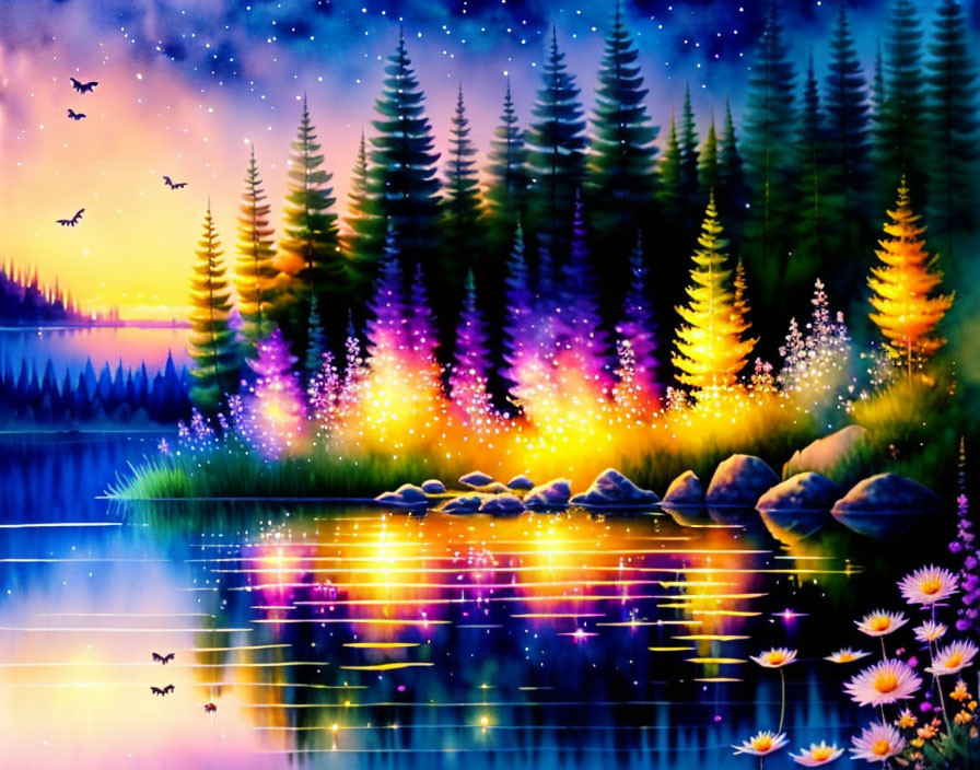 Tranquil Lake Twilight Scene with Pine Trees and Starry Sky