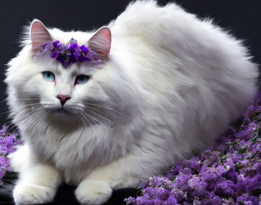 Fluffy white cat with blue eyes in purple flower crown among blossoms