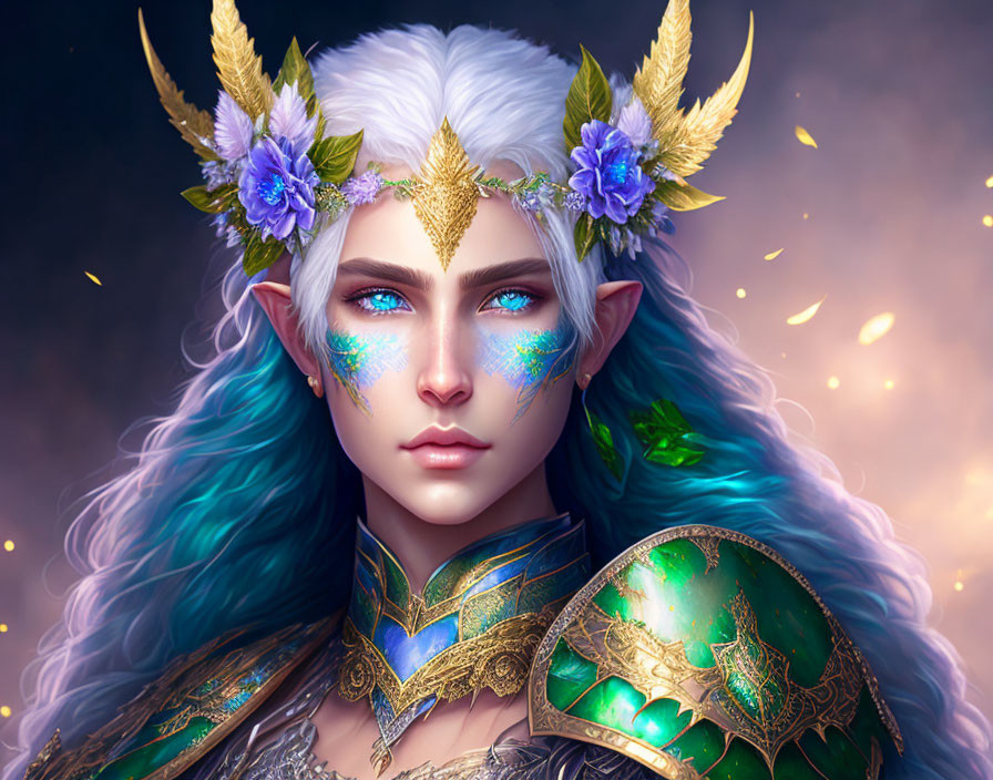 Ethereal figure with blue eyes, white hair, floral crown, golden antlers, armor,