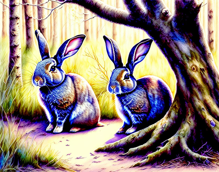 Illustrated rabbits under tree in mystical woodland