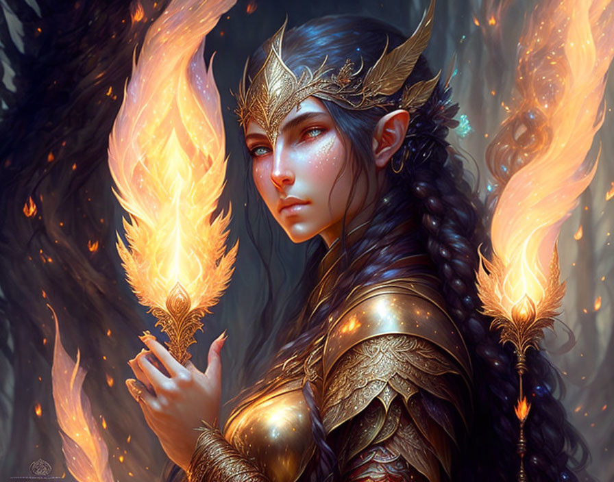 Ethereal elf in golden armor with glowing flame in mystical forest