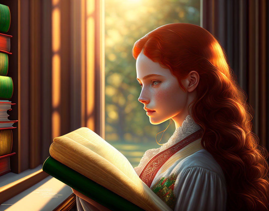 Red-haired woman reading a book by sunny window