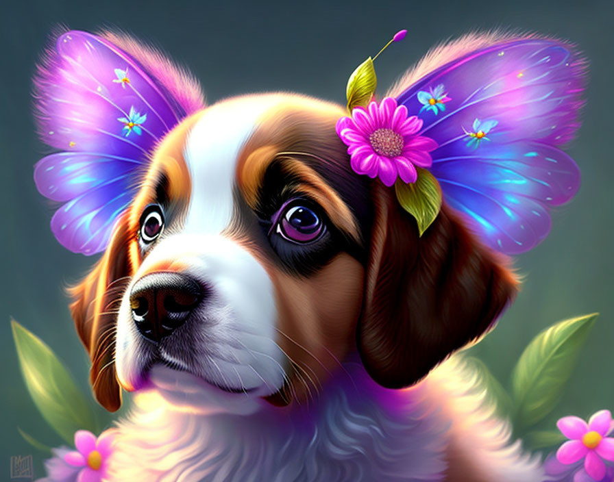 Whimsical dog with butterfly wings and floral adornments on green background