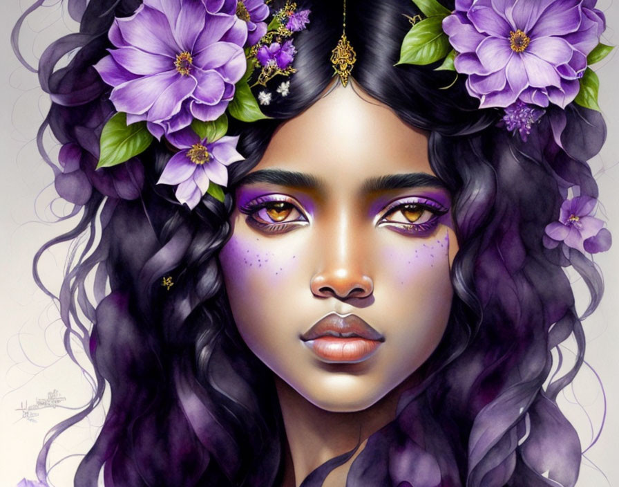 Digital Artwork: Woman with Dark Curly Hair and Purple Flower Adornments