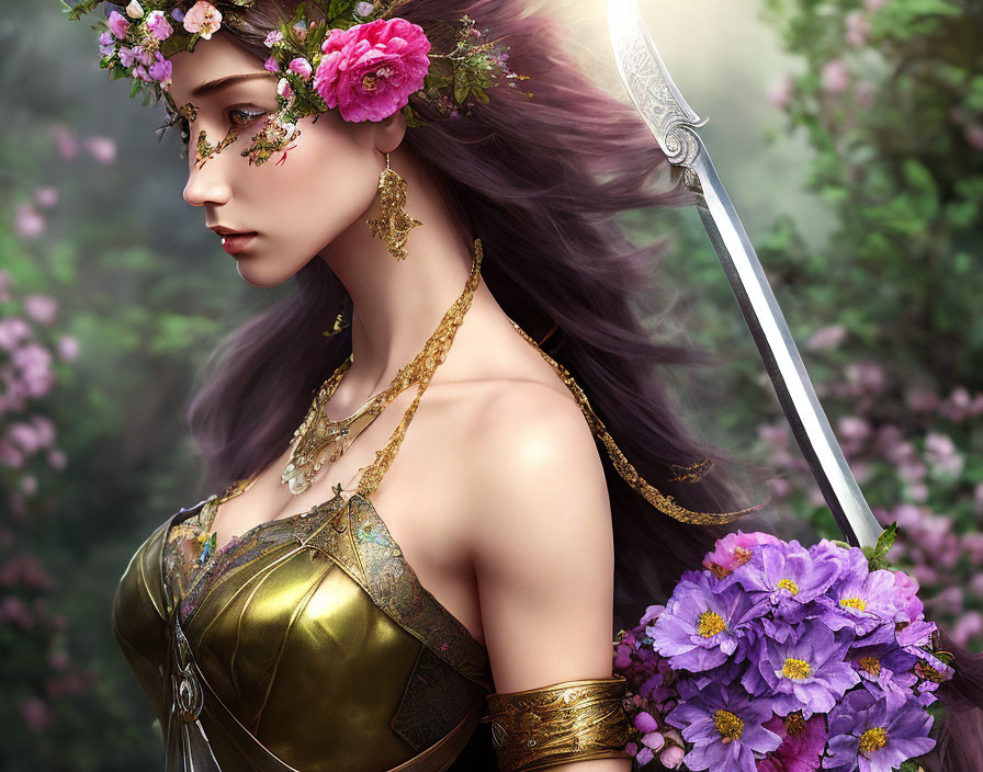 Fantasy digital artwork of a purple-haired elf woman with sword in blooming forest