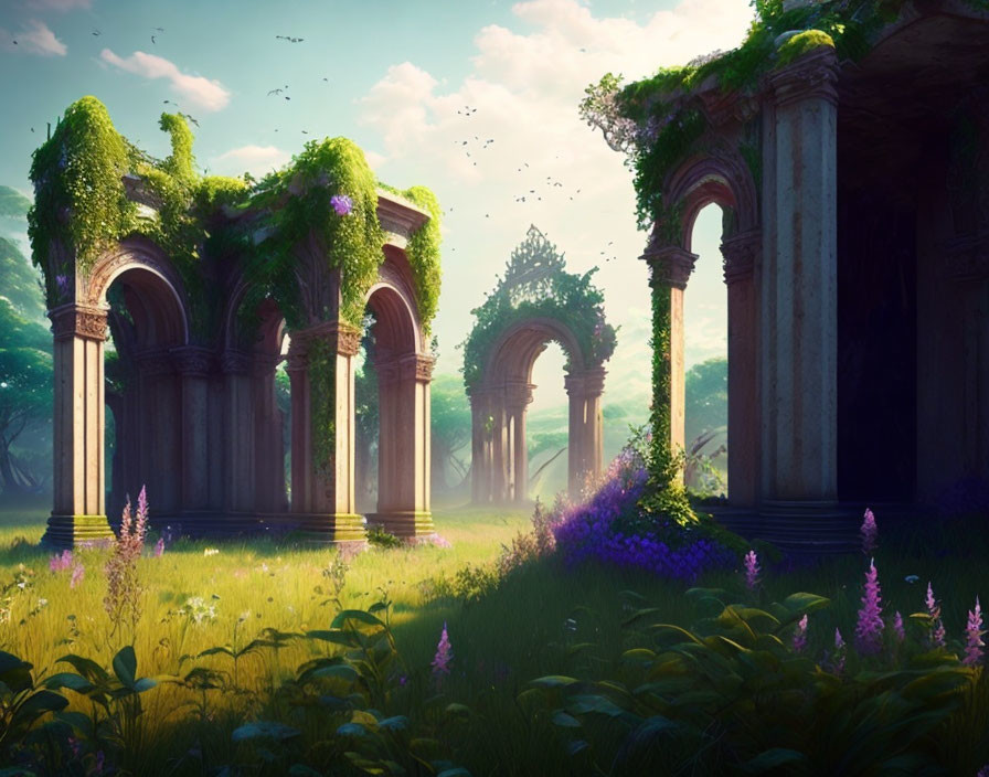 Overgrown ancient ruins with greenery and purple flowers