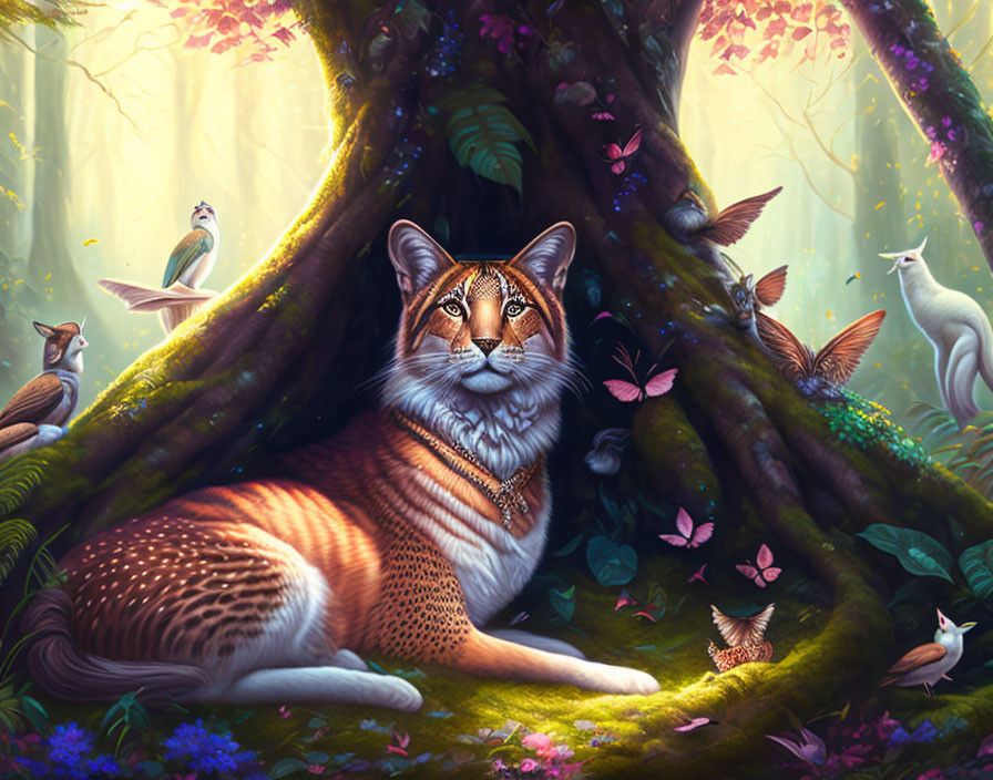 Mystical lynx under tree in enchanting forest with creatures & butterflies