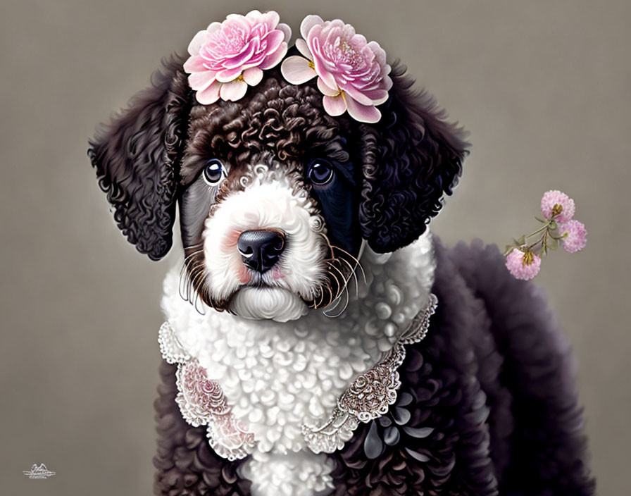 Brown and White Dog Portrait with Floral Headpiece and Sad Eyes