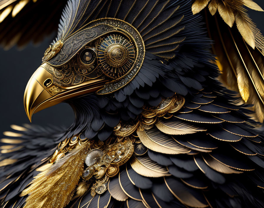 Intricate golden and black mechanical eagle with feather-like components