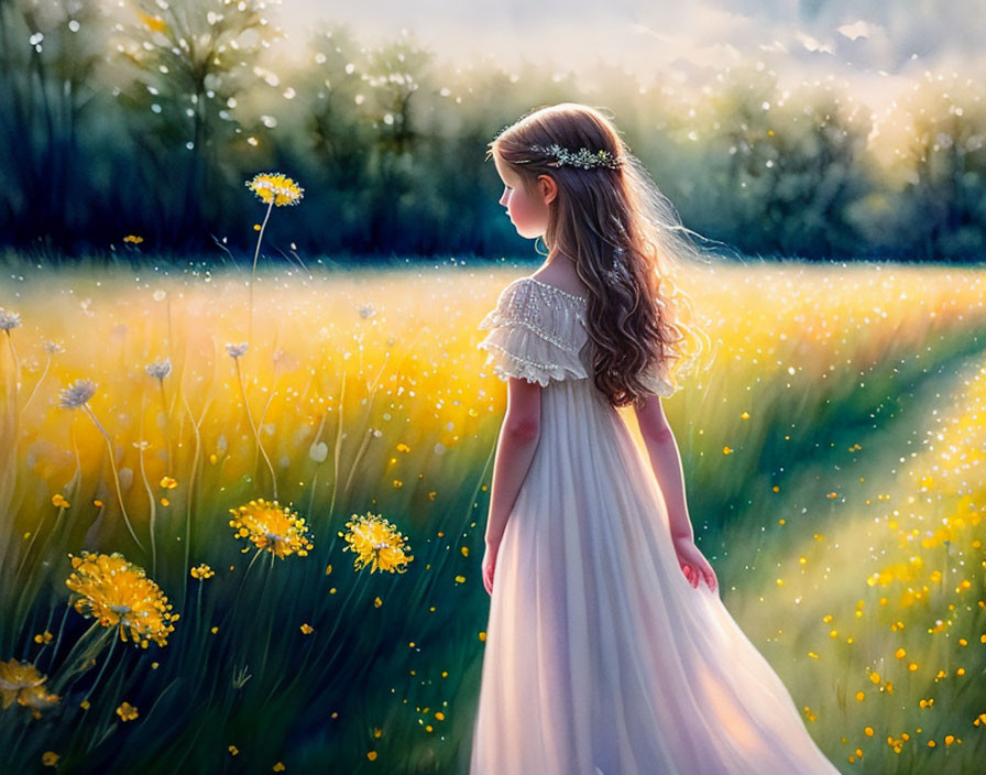 Young girl in white dress with floral headband admiring wildflowers in sunlit meadow