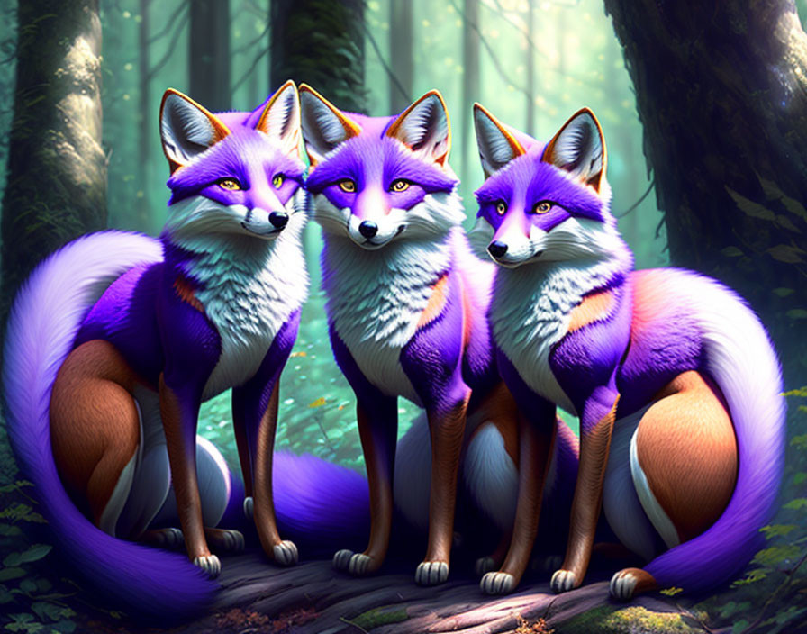 Three Purple-Hued Foxes with Blue Eyes in Misty Forest