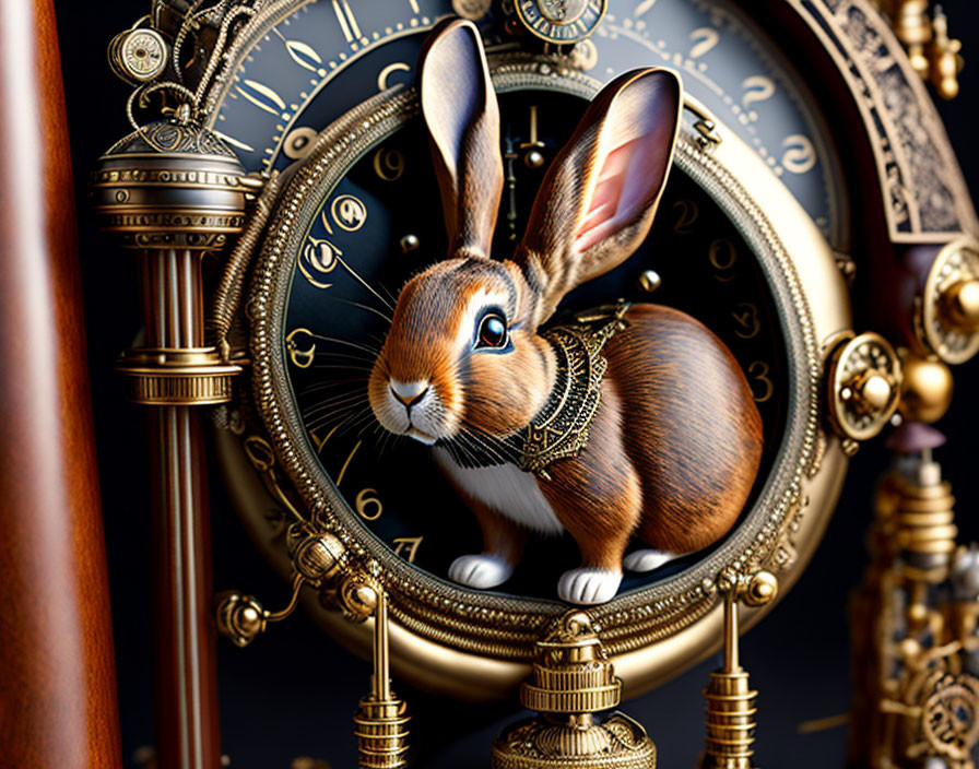 Steampunk-style rabbit with metallic elements and clockwork backdrop