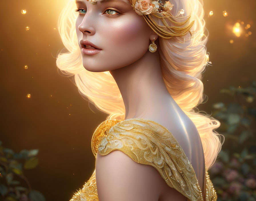 Portrait of Woman with Golden Hair and Floral Attire in Soft Glowing Lights