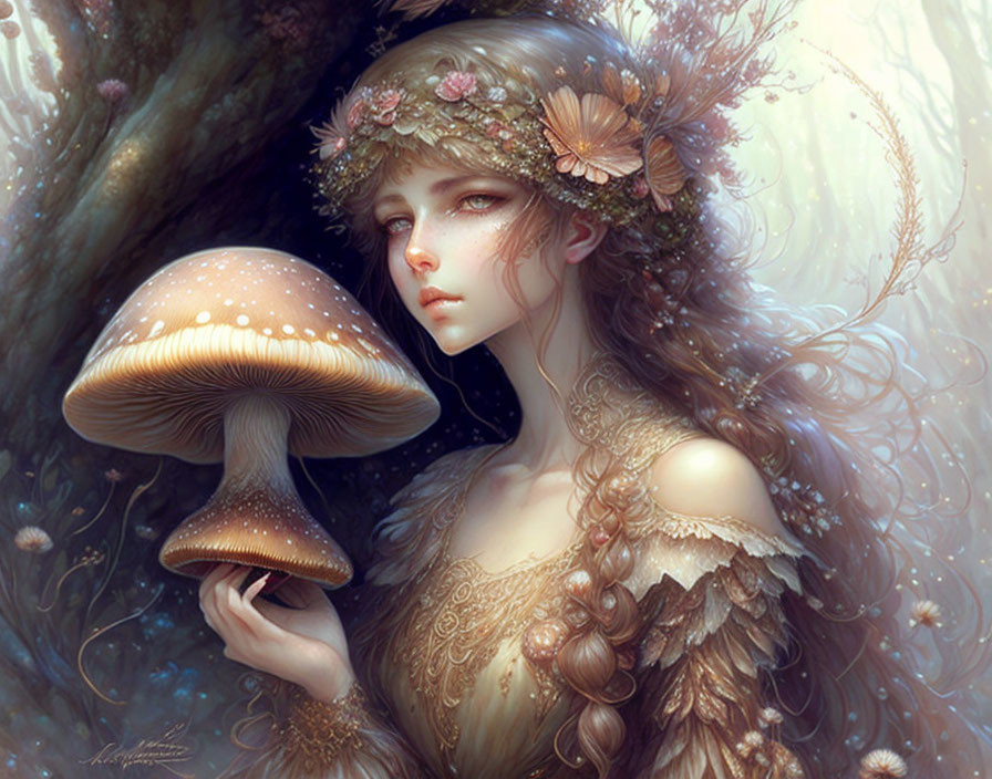 Whimsical artwork of female figure with floral crown and mushroom in enchanted forest