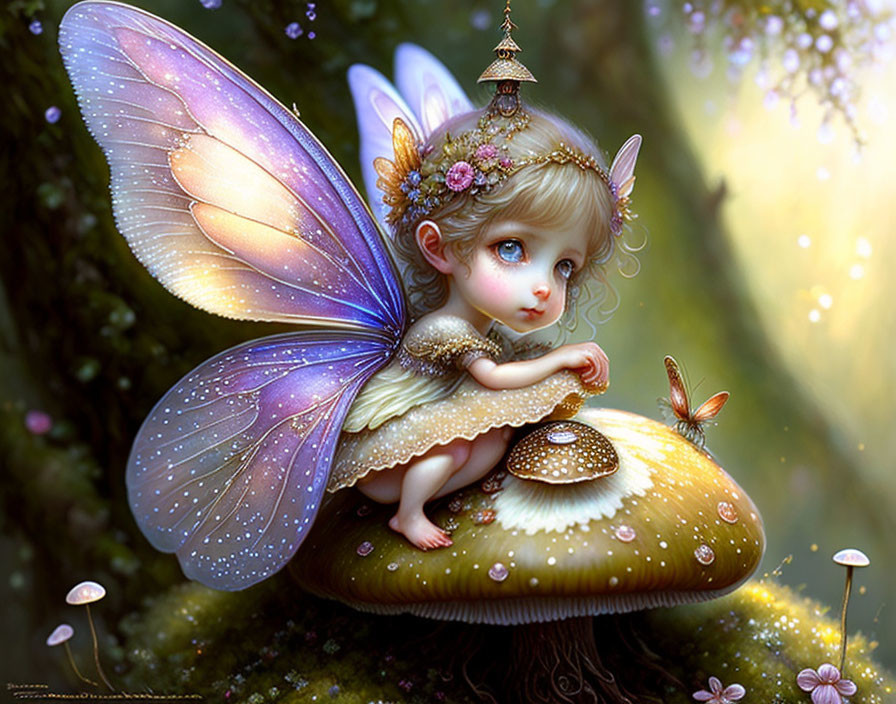 Young fairy with iridescent wings on a mushroom in enchanted forest