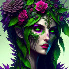 Digital art portrait of woman with green eyes, elfin ears, floral headpiece, and mystical makeup