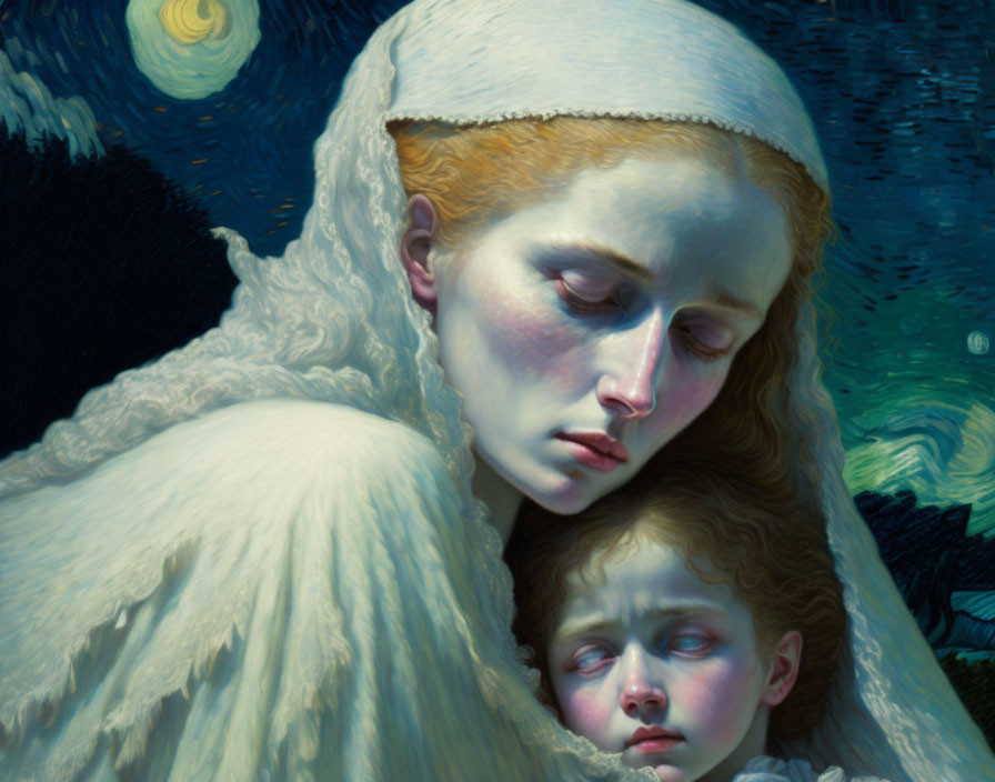 Sorrowful woman holding sleeping child in starry night scene