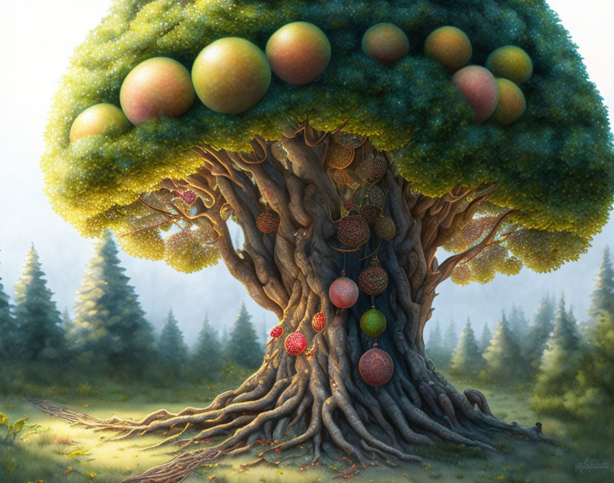 Colorful Fruit Tree Illustration in Serene Forest