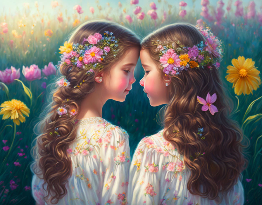 Two girls with floral crowns and curly hair in a flower field at dusk